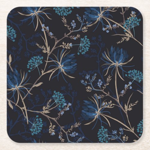 Dark Garden Monotone Blue Floral Square Paper Coaster