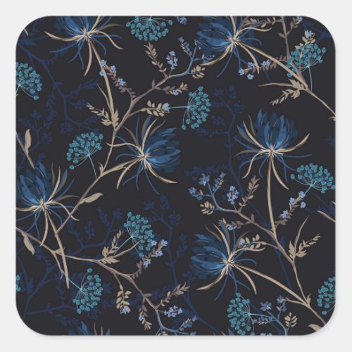 Dark Garden Monotone Blue Floral Square Sticker