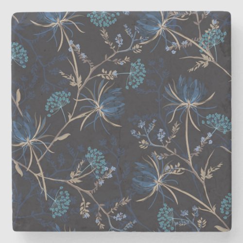 Dark Garden Monotone Blue Floral Stone Coaster