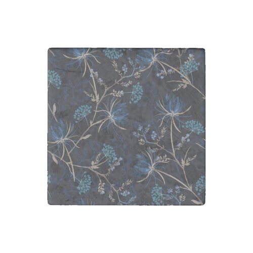 Dark Garden Monotone Blue Floral Stone Magnet