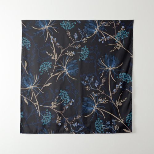 Dark Garden Monotone Blue Floral Tapestry