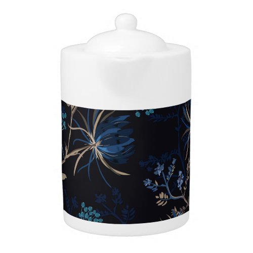 Dark Garden Monotone Blue Floral Teapot