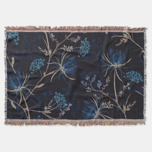 Dark Garden Monotone Blue Floral Throw Blanket