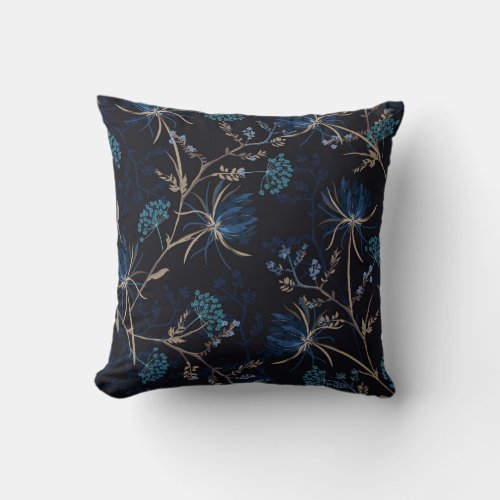 Dark Garden Monotone Blue Floral Throw Pillow