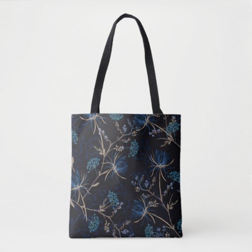 Dark Garden Monotone Blue Floral Tote Bag