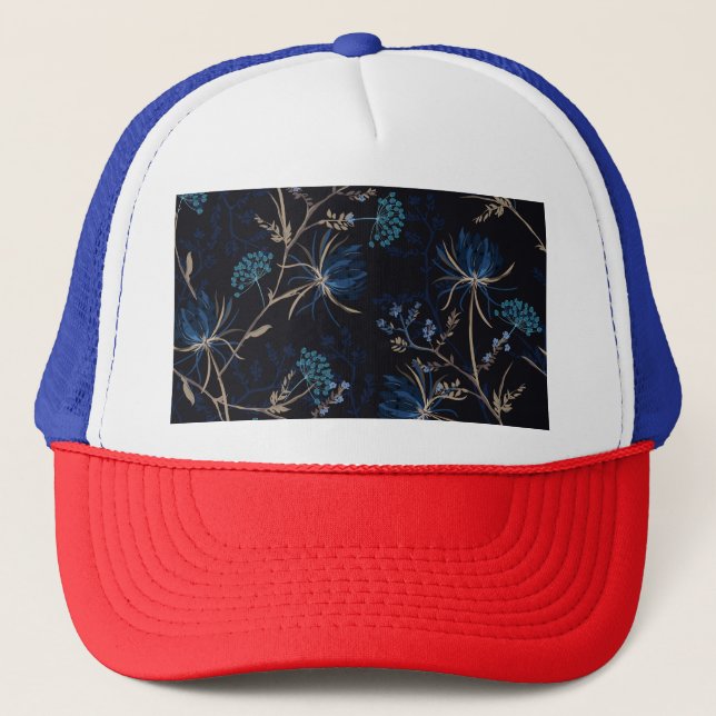 Dark Garden: Monotone Blue Floral Trucker Hat (Front)