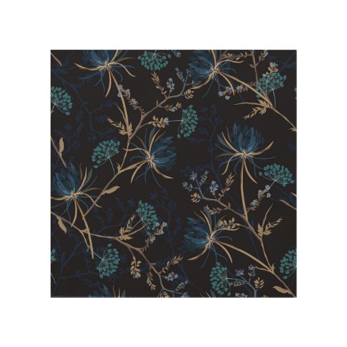 Dark Garden Monotone Blue Floral Wood Wall Art