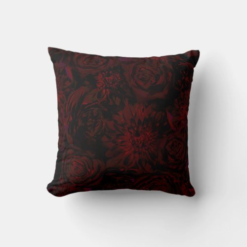 Dark Garden Red Romantic Flowers Gothic Glam Throw Pillow