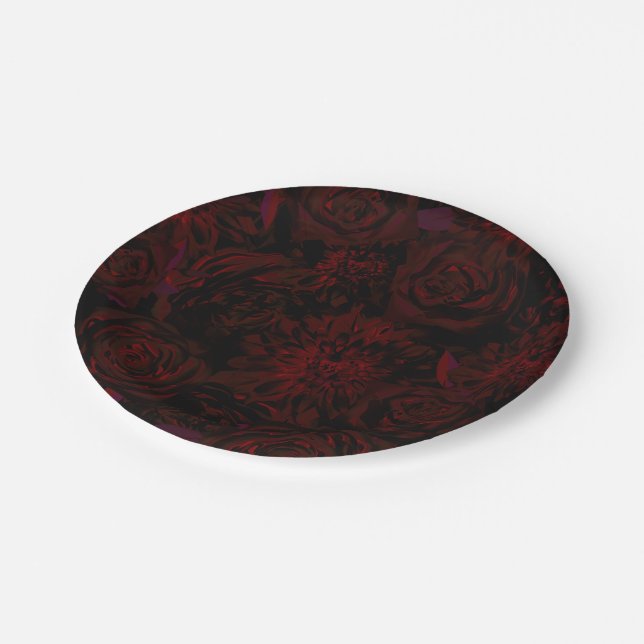 Dark Garden Red Romantic Flowers Gothic Wedding Paper Plates (Angled)