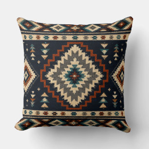 Dark Geometric Textile Pattern – Navy Cream & Burn Throw Pillow