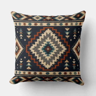 Dark Geometric Textile Pattern – Navy Cream & Burn Throw Pillow