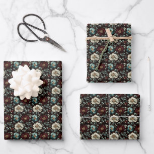 Dark Gilded Flowers on Black Wrapping Paper Sheets