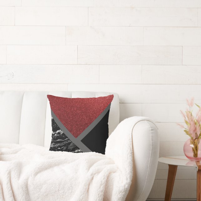 Dark Glitter Red and Black Abstract Marble Throw P Pillow (Couch)