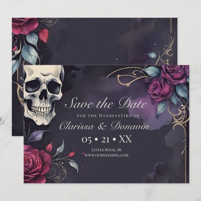 Dark Gohic Skull & Rose Elegant Handfasting Save The Date (Front/Back)