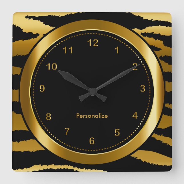 Dark Gold and Black Zebra Stripe Print Square Wall Clock (Front)