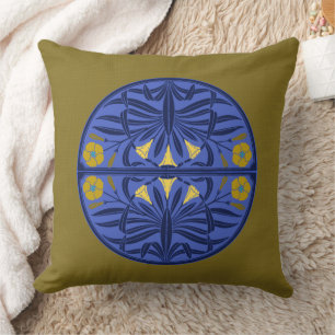 Dark Gold & Blue Art Nouveau Throw Pillow