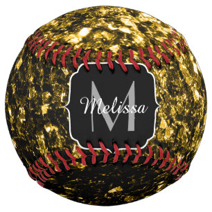 Dark gold faux glitter sparkle Monogram name Softball