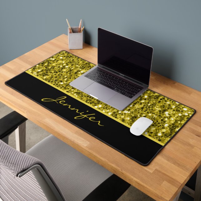 Dark gold glitter sparkles and black Custom name Desk Mat (Office 2)