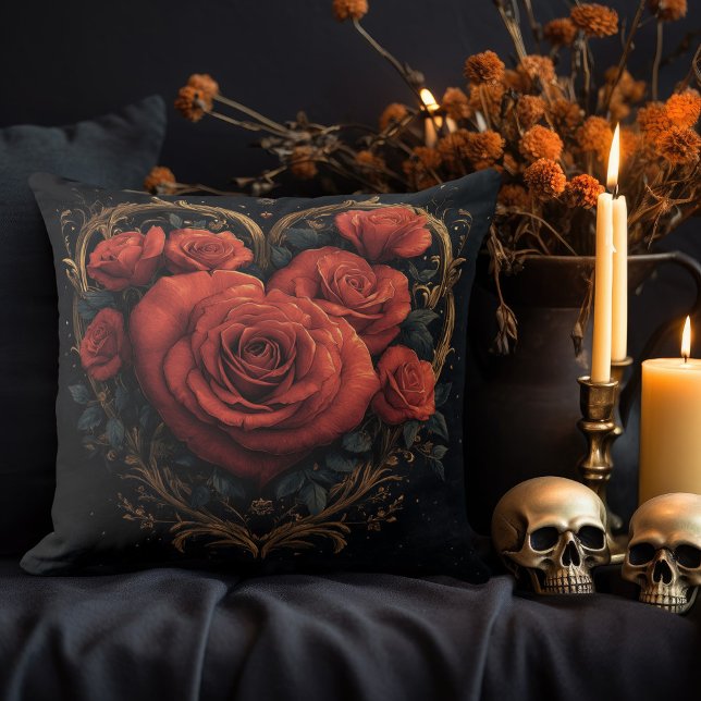 Dark Gold Heart with Roses Throw Pillow (Creator Uploaded)