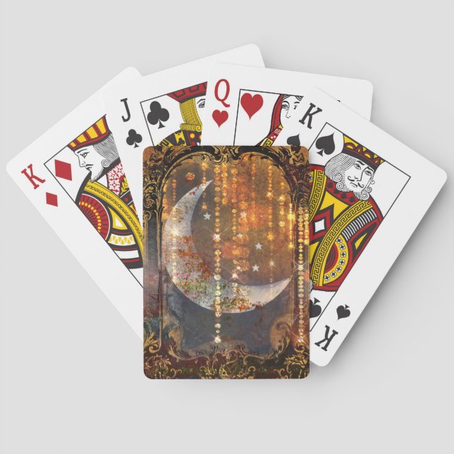 Dark Gold Mystic Crescent Moon Crystals Poker Cards (Back)