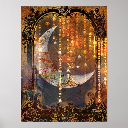 Dark Gold Mystic Crescent Moon Crystals Poster