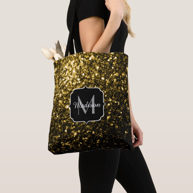 Dark gold shiny faux glitter sparkle Monogram Tote Bag (Close Up)
