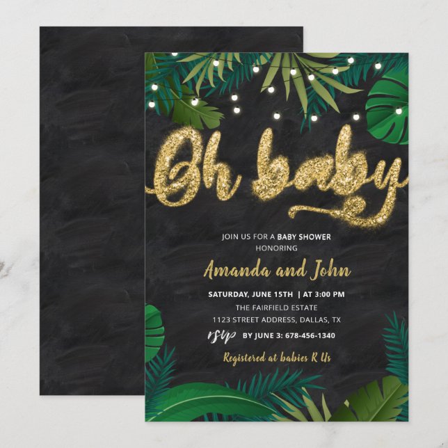 Dark Gold Tropical Oh Baby Shower Invitation (Front/Back)