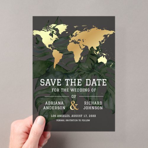 Dark Gold Tropical World Map Wedding Save the Date