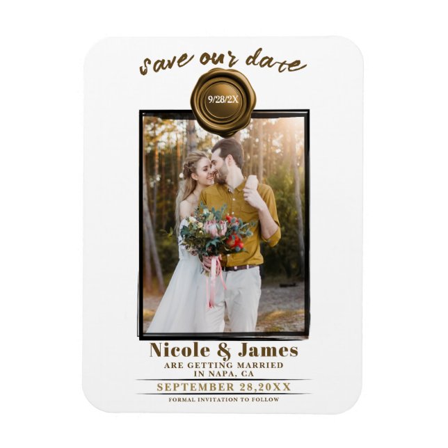 Dark Gold Wax Seal Photo Wedding Save the Date Magnet (Vertical)