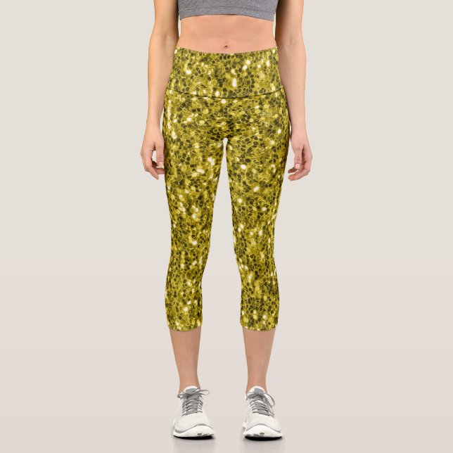  Dark gold yellow faux glitter sparkles Capri Leggings (Front)