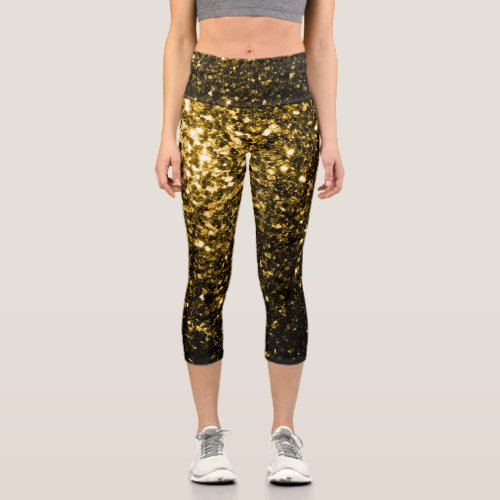 Dark gold yellow faux glitter sparkles capri leggings