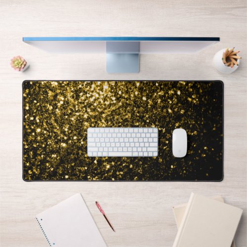 Dark gold yellow faux glitter sparkles desk mat