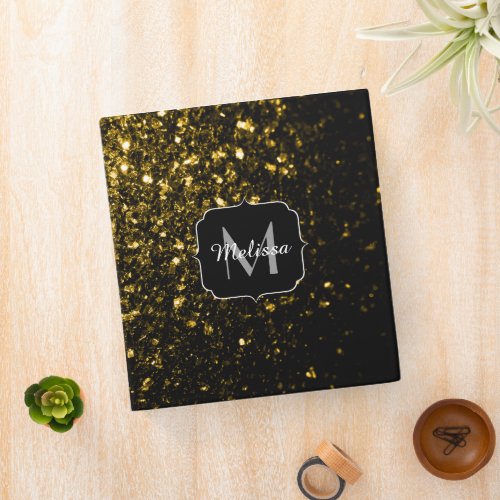 Dark gold yellow faux glitter sparkles Monogram 3 Ring Binder