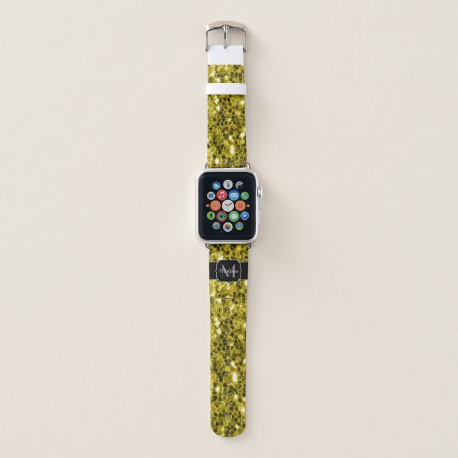  Dark gold yellow faux glitter sparkles Monogram Apple Watch Band (Front)