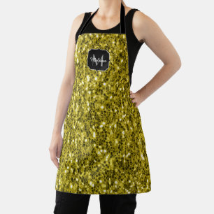 Dark gold yellow faux glitter sparkles Monogram Apron