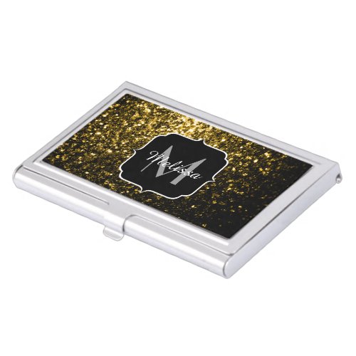 Dark gold yellow faux glitter sparkles Monogram Business Card Case