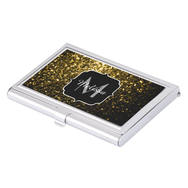 Dark gold yellow faux glitter sparkles Monogram Business Card Case (Front)