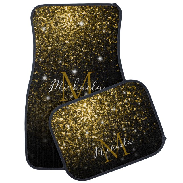 Dark gold yellow faux glitter sparkles Monogram Car Floor Mat (Set)