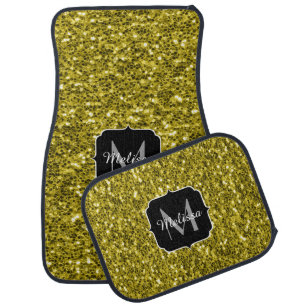 Dark gold yellow faux glitter sparkles Monogram Car Floor Mat