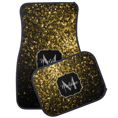 Dark gold yellow faux glitter sparkles Monogram Car Mat