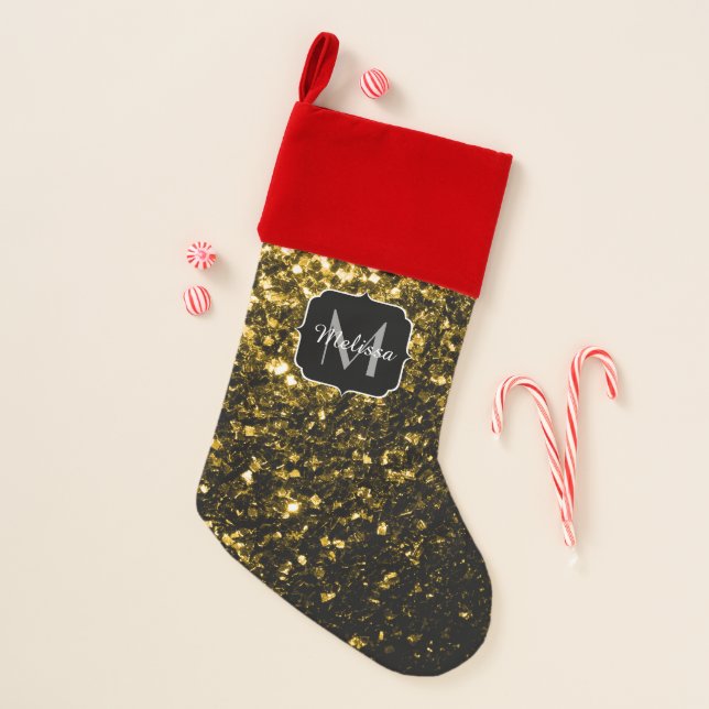 Dark gold yellow faux glitter sparkles Monogram Christmas Stocking (Front)