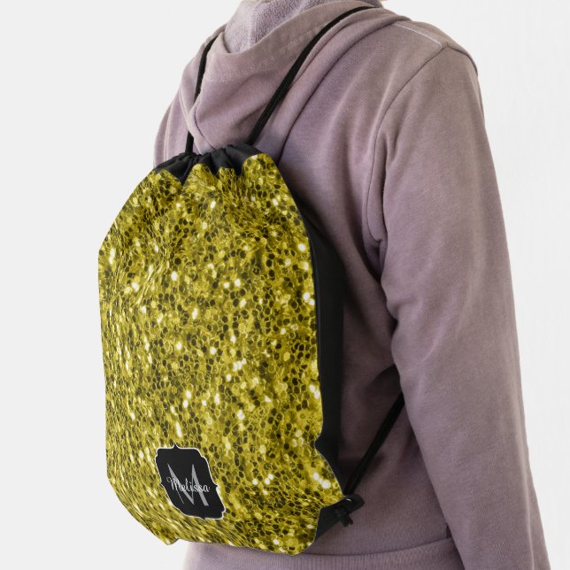  Dark gold yellow faux glitter sparkles Monogram Drawstring Bag (Insitu)
