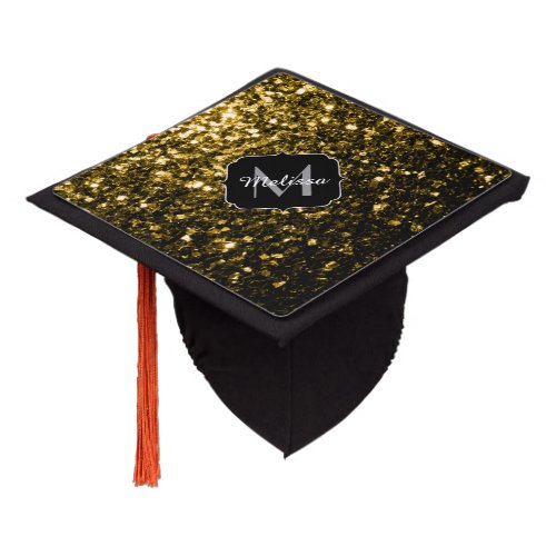 Dark gold yellow faux glitter sparkles Monogram Graduation Cap Topper