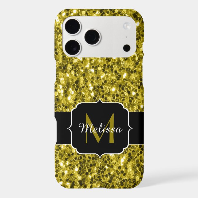Dark gold yellow faux glitter sparkles Monogram iPhone Case (Back)