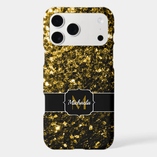 Dark gold yellow faux glitter sparkles Monogram iPhone 17 Pro Max Case