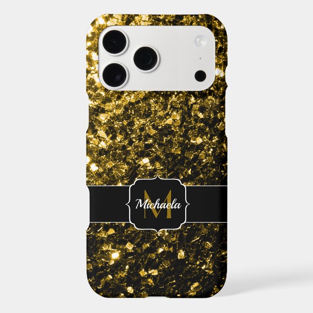 Dark gold yellow faux glitter sparkles Monogram iPhone Case (Back)