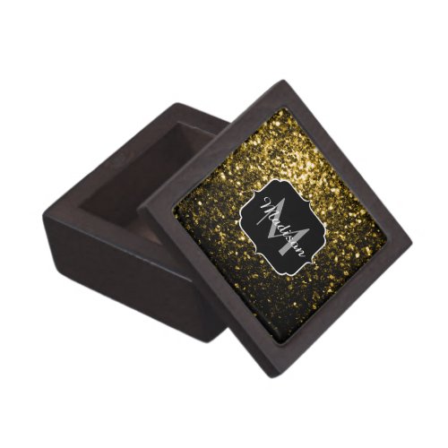 Dark gold yellow faux glitter sparkles Monogram Jewelry Box