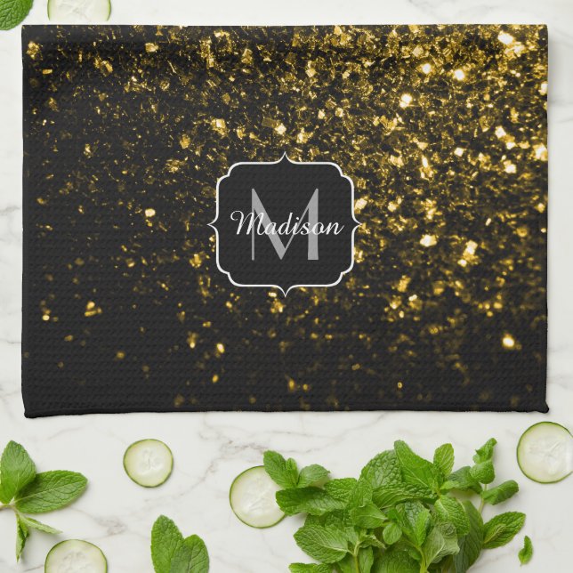 Dark gold yellow faux glitter sparkles Monogram Kitchen Towel (Folded)