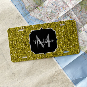  Dark gold yellow faux glitter sparkles Monogram License Plate