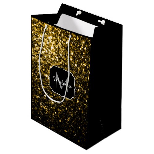 Dark gold yellow faux glitter sparkles Monogram Medium Gift Bag